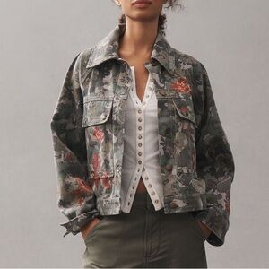 🌹Anthropologie Camouflage Denim Utility Jacket Pilcro NEW Floral Embroidered